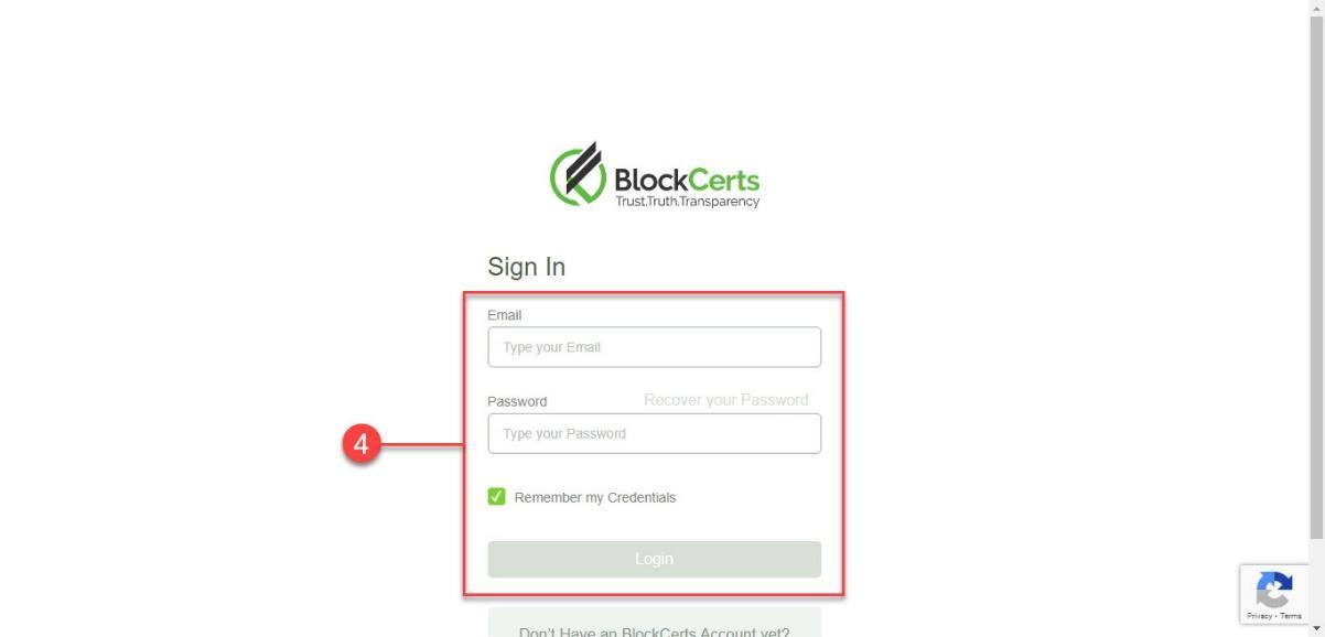 BlockCERTs - Logging in to the account